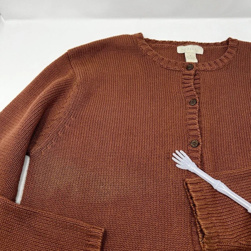 Vtg‎ J. Jill Brown Knit Button Up Sweater Drawstring Hem Cotton Sz Small *Read